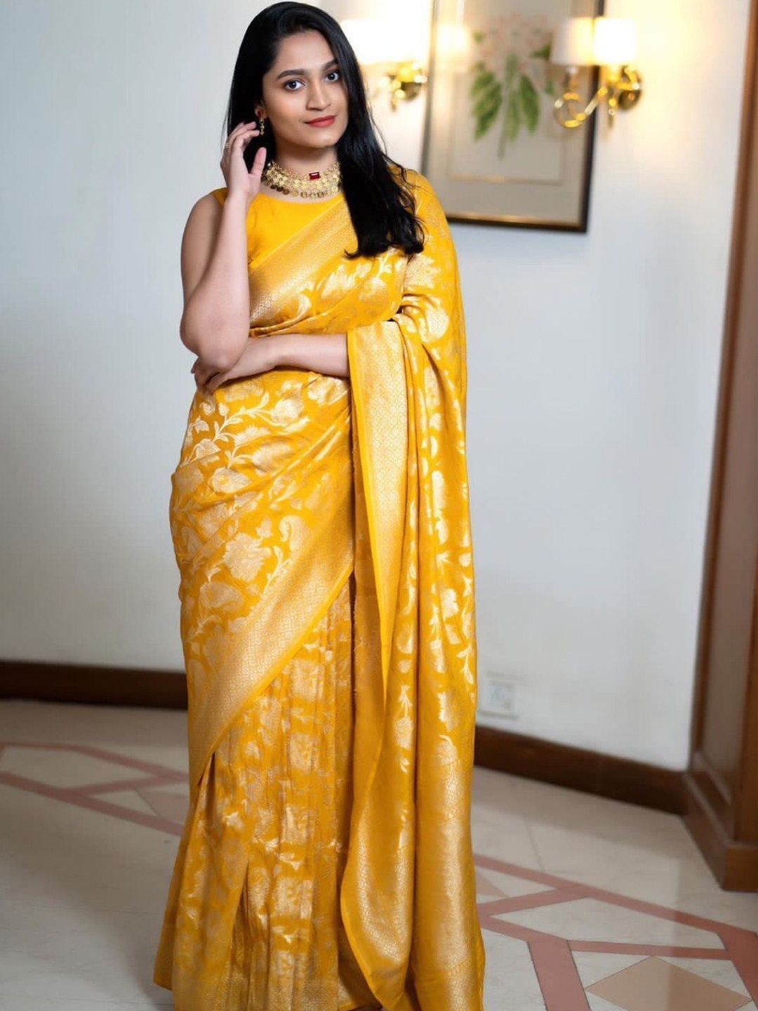 

Naishu Trendz Floral Woven Design Pure Silk Zari Kanjeevaram Saree, Yellow