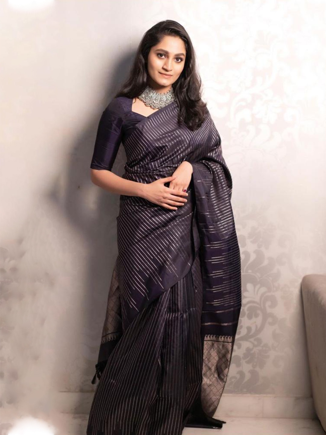 

Naishu Trendz Striped Woven Design Zari Pure Silk Kanjeevaram Saree, Black