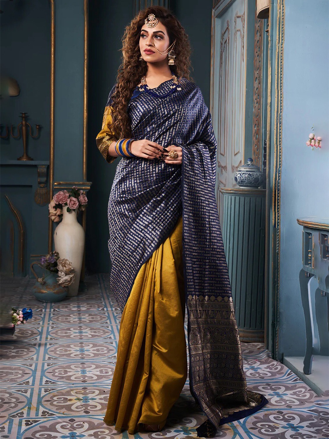 

Naishu Trendz Ethnic Motifs Woven Design Zari Pure Silk Kanjeevaram Saree, Blue