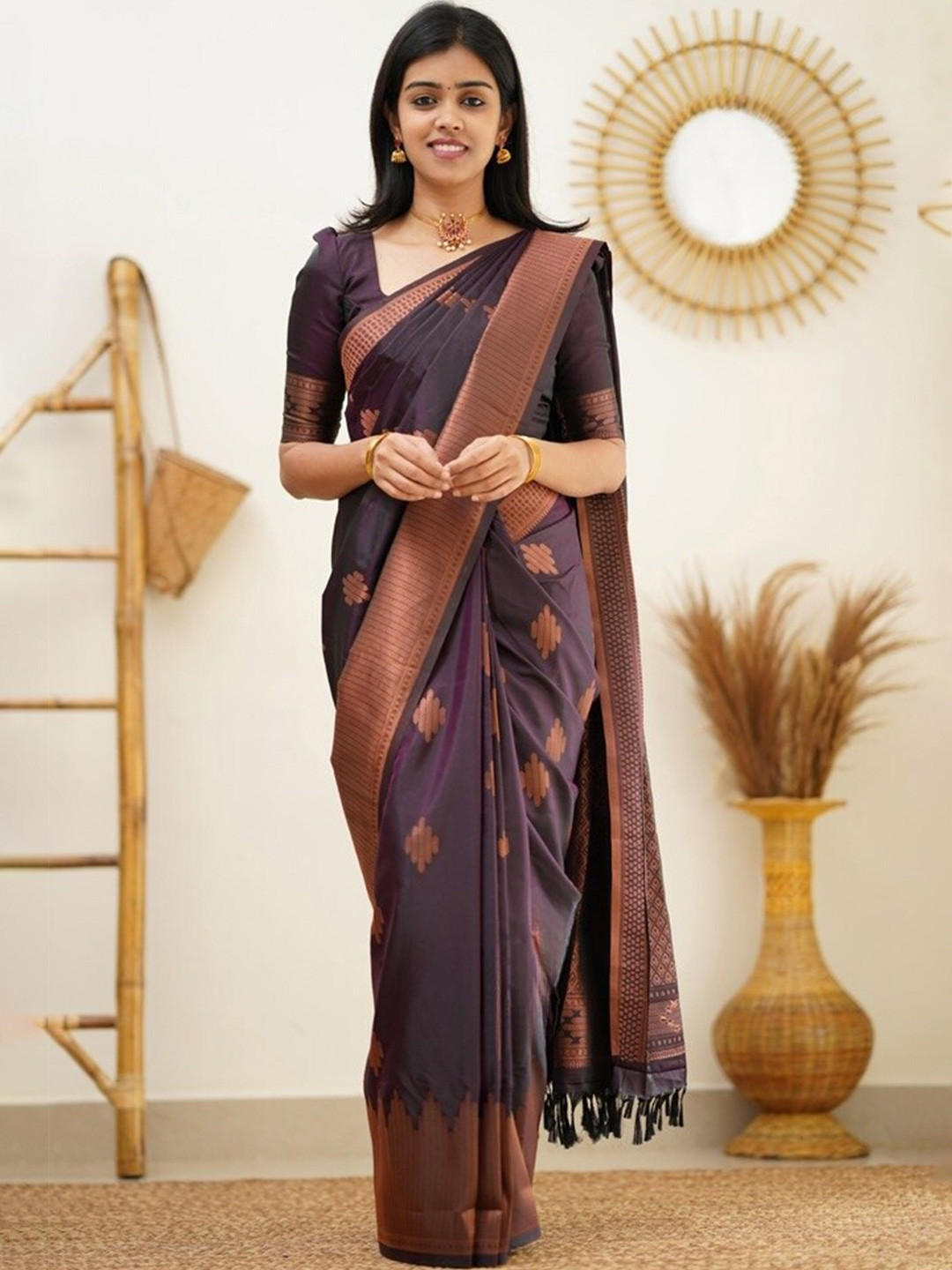 

Naishu Trendz Ethnic Motifs Woven Design Zari Pure Silk Kanjeevaram Saree, Purple