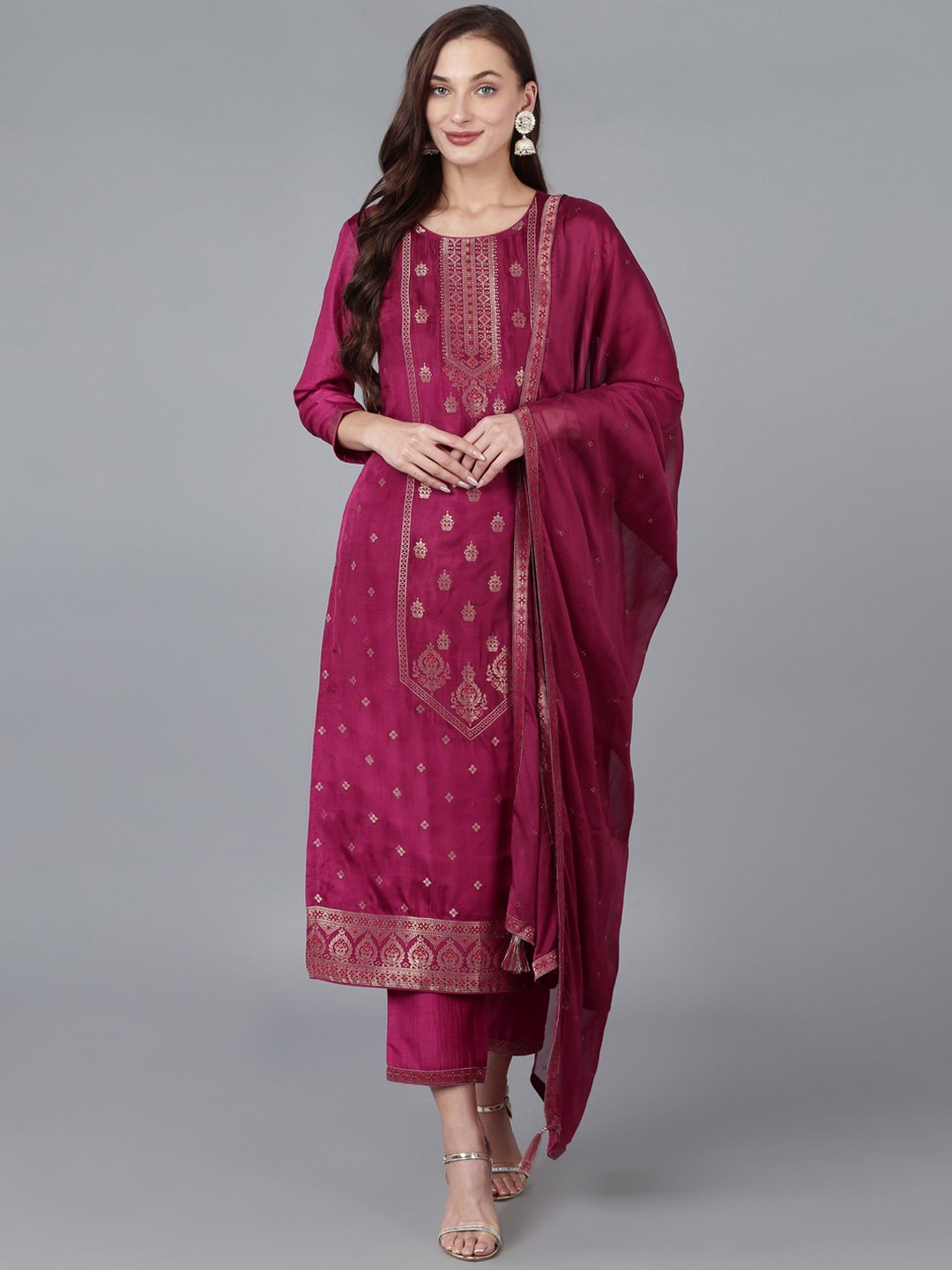 

KALINI Ethnic Motifs Woven Design Regular Straight Kurta With Trousers & Dupatta, Burgundy