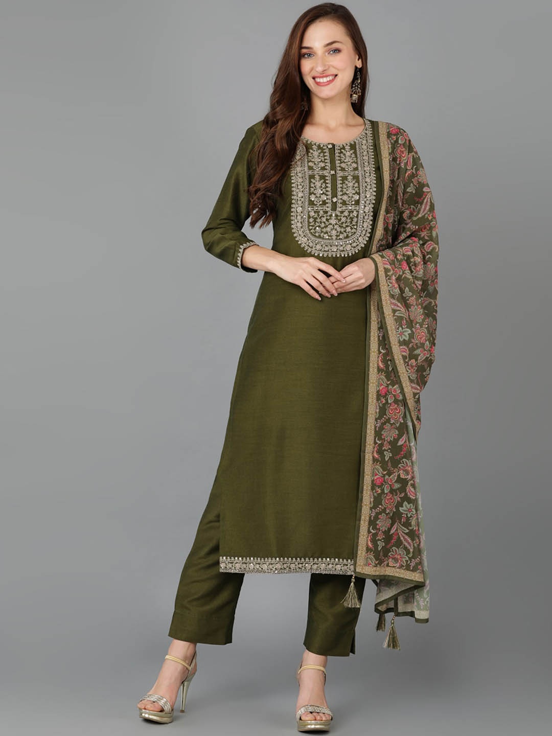 

KALINI Ethnic Motifs Embroidered Regular Kurta With Trousers & Dupatta, Olive