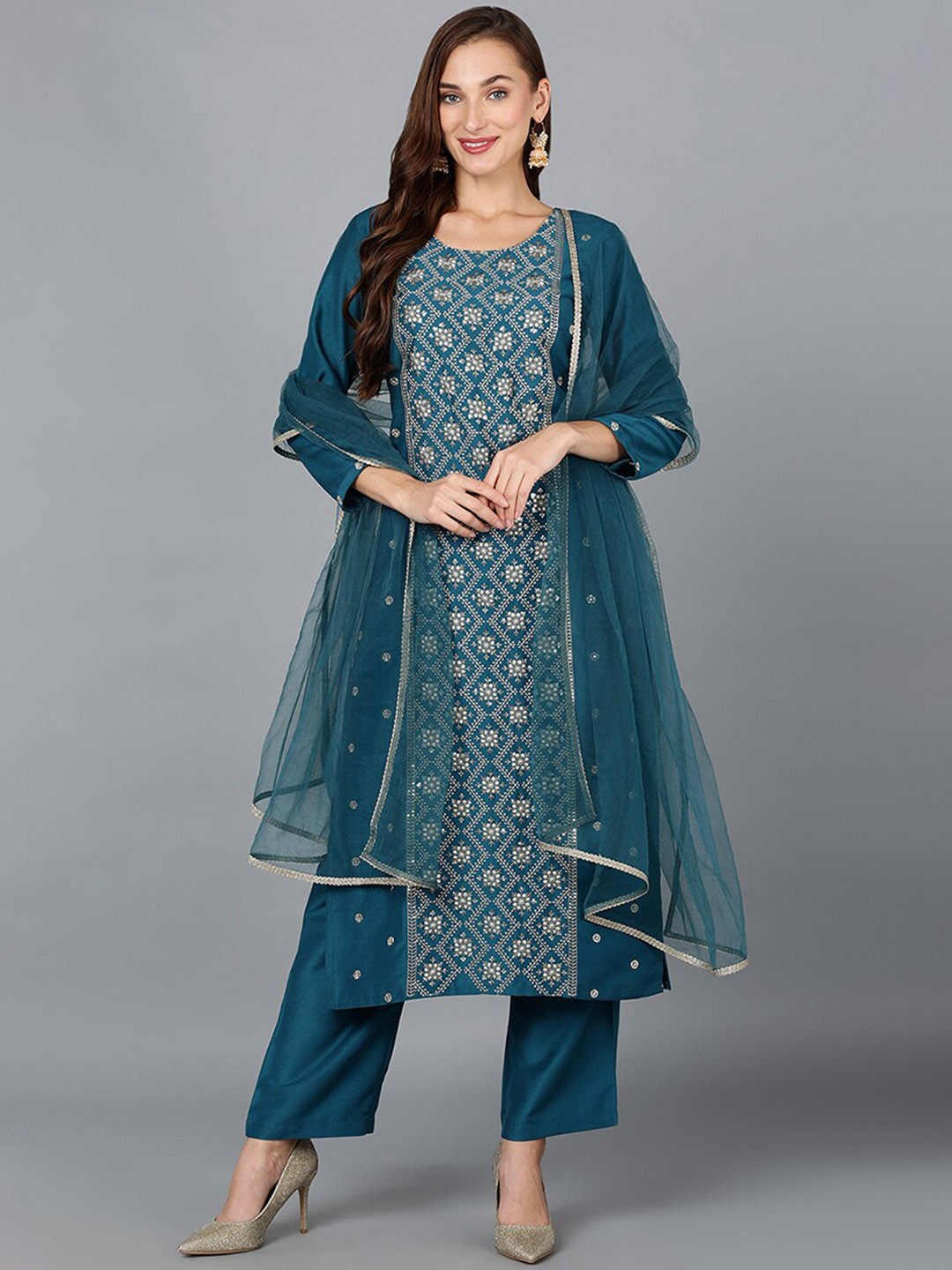 

KALINI Ethnic Motifs Sequinned Embroidered Straight Kurta With Trousers & Dupatta, Teal