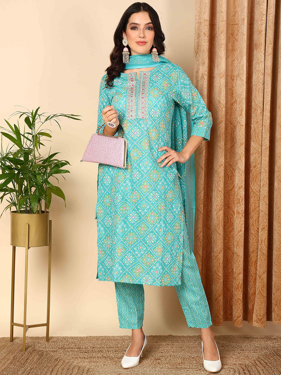 

KALINI Bandhani Printed Regular Mirror Work Kurta with Trousers & Dupatta, Turquoise blue