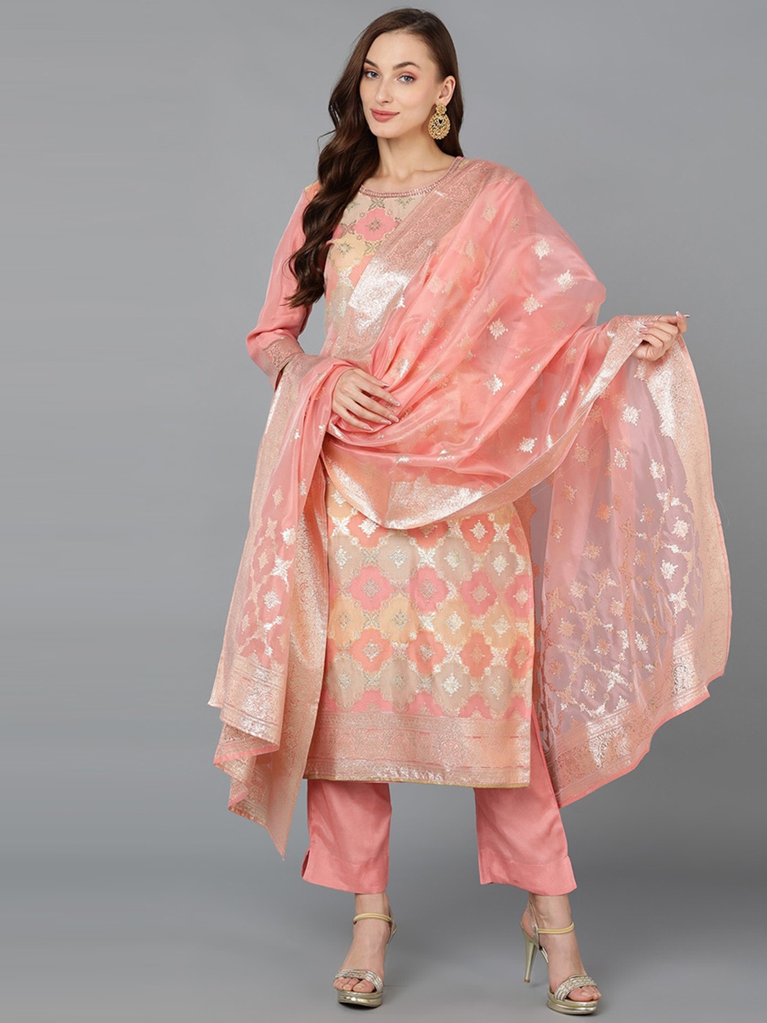 

KALINI Ethnic Motifs Regular Kurta with Trousers & With Dupatta, Peach