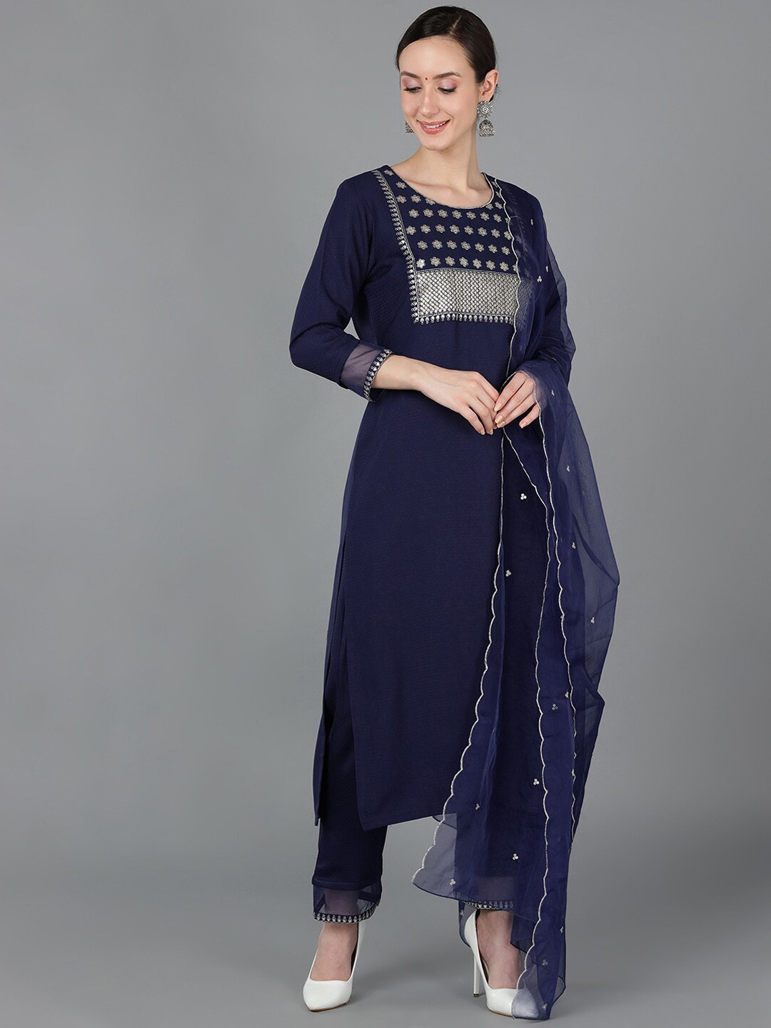 

KALINI Round Neck Ethnic Motifs Yoke Design Regular Sequinned Kurta Set, Navy blue