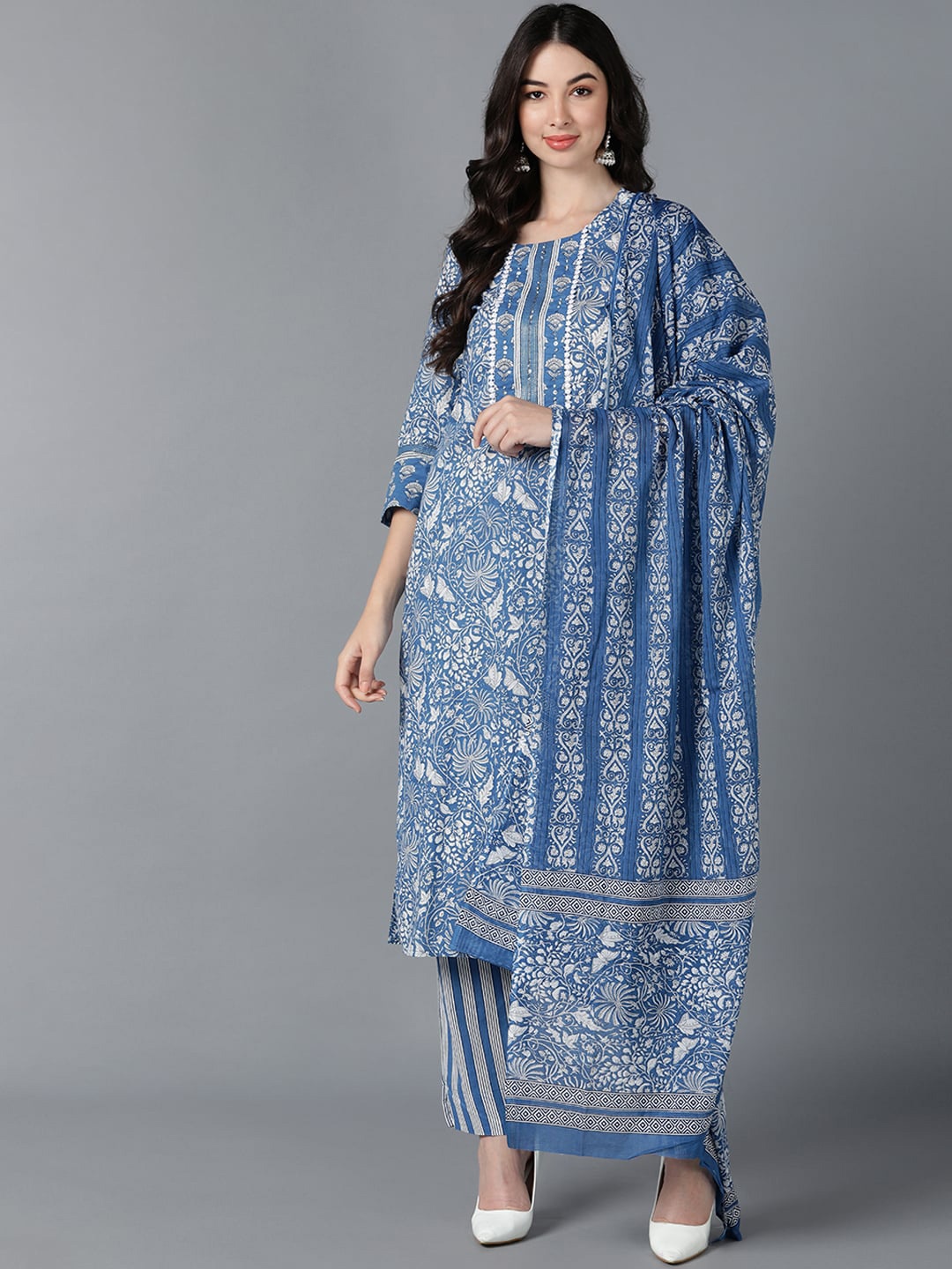 KALINI Floral Printed Regular Pure Cotton Kurta with Trousers & With Dupatta, Blue
