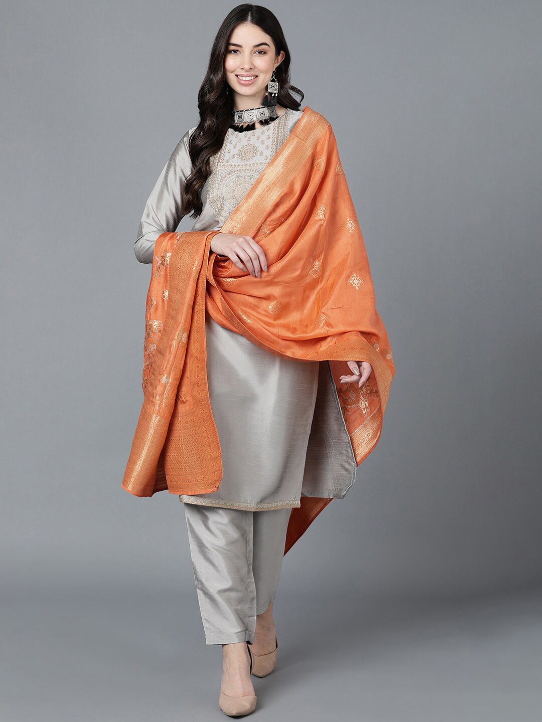 

KALINI Ethnic Motifs Yoke Design Straight Kurta & Trousers With Dupatta, Grey