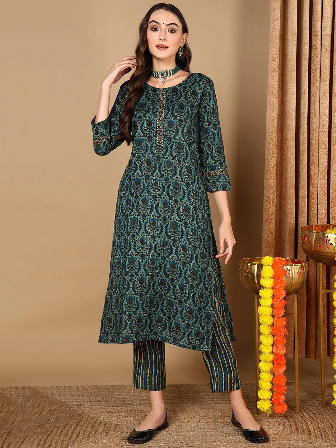 

KALINI Ethnic Motifs Printed Regular Gotta Patti Kurta with Trousers, Teal