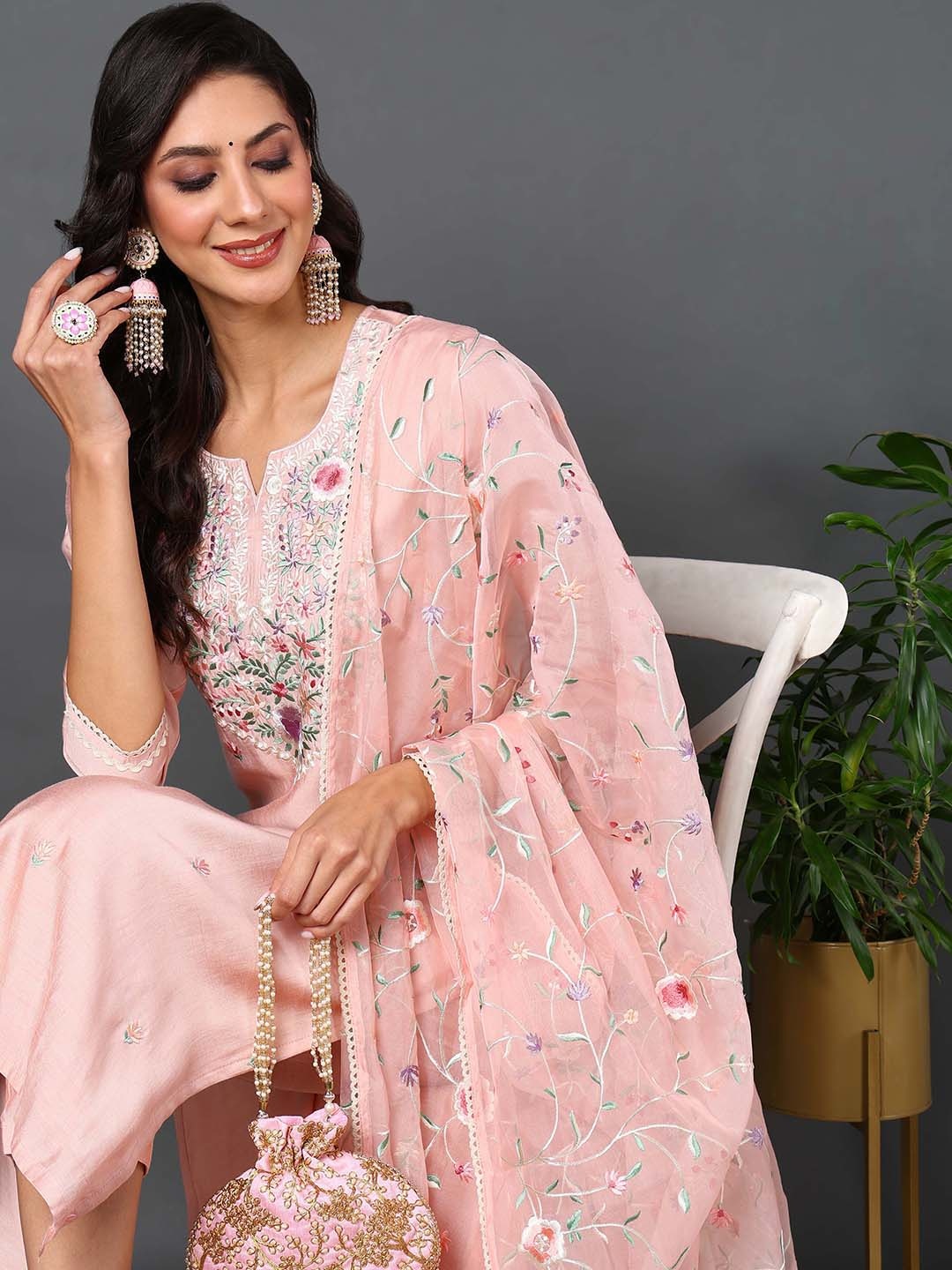 

KALINI Ethnic Motifs Embroidered Regular Thread Work Kurta with Trousers & With Dupatta, Pink