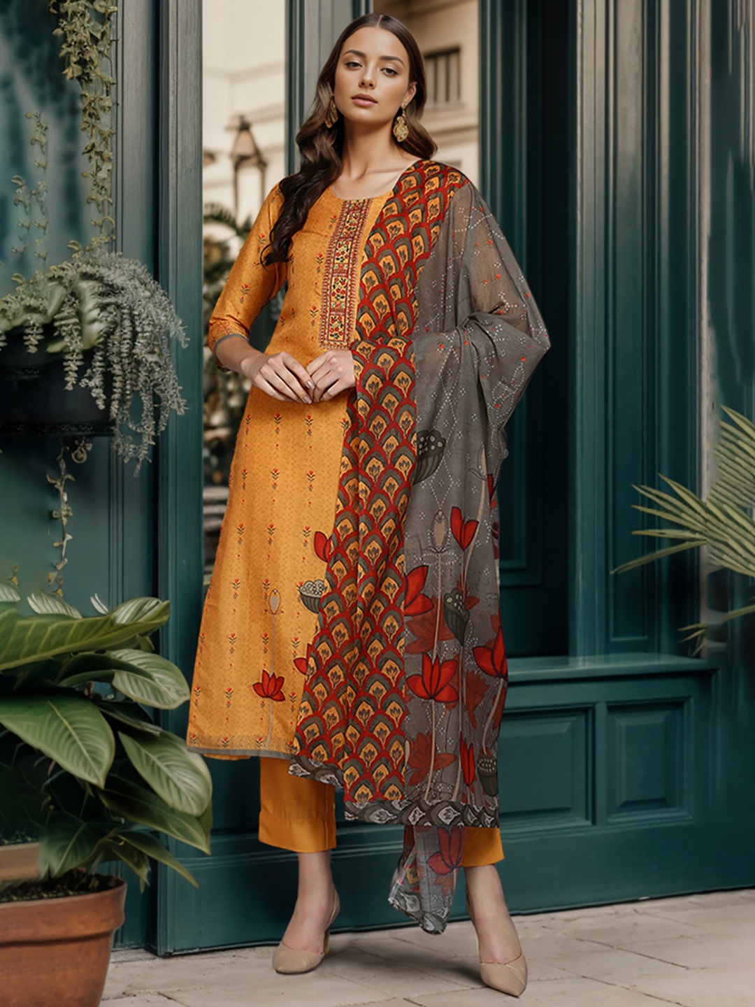 

KALINI Floral Printed Kurta With Trousers & Dupatta, Orange