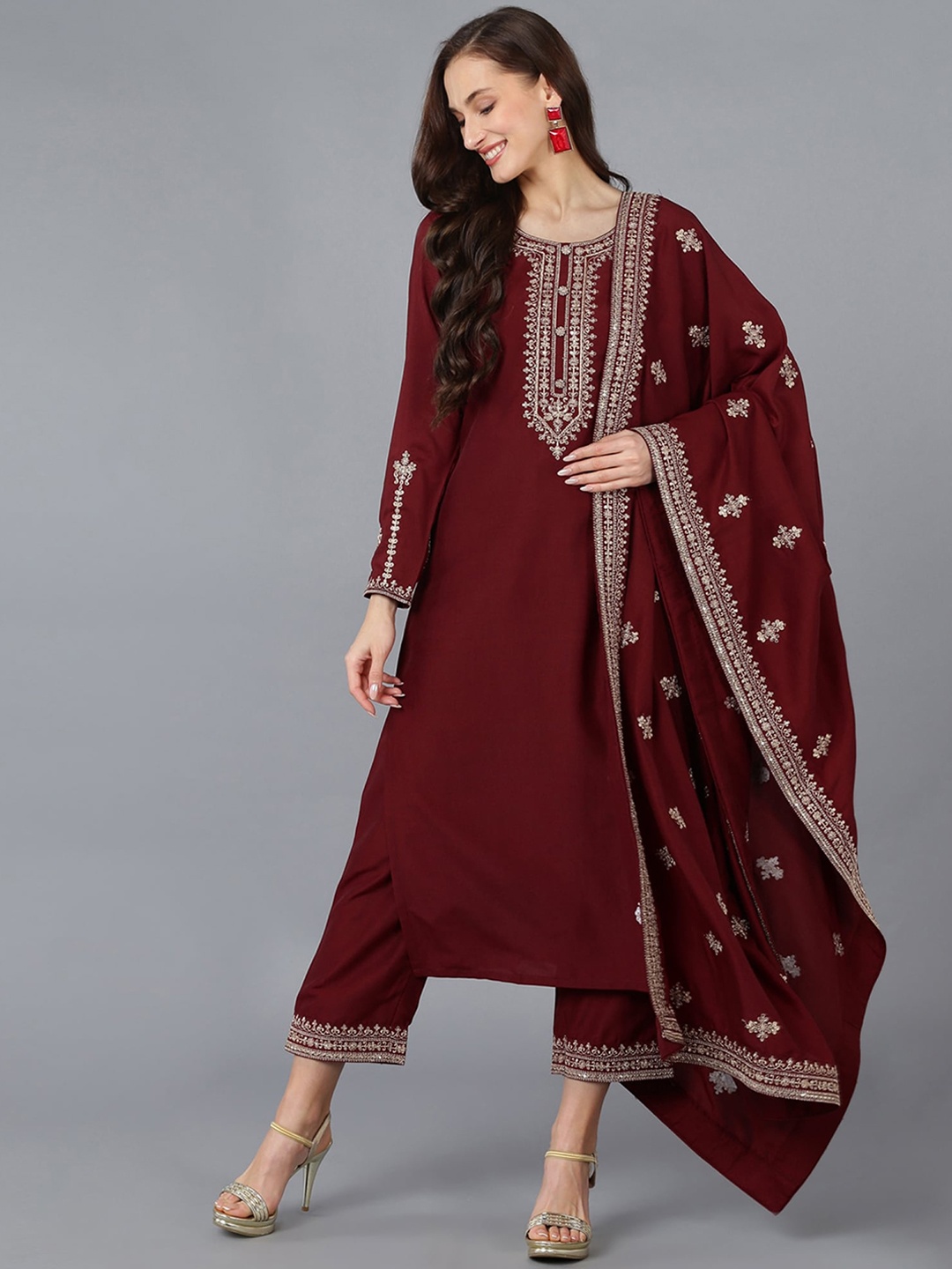 

KALINI =Ethnic Motifs Embroidered Regular Kurta With Trousers & Dupatta, Maroon