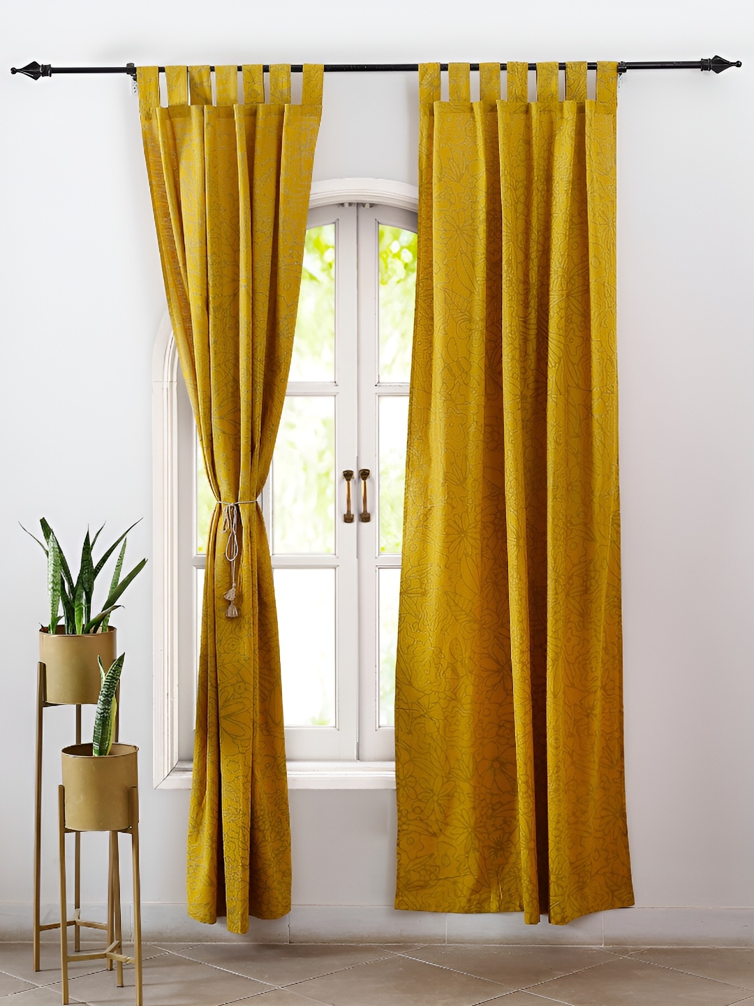 

TARAN LIVING Mustard Yellow & Grey 2 Pieces Printed Cotton Black Out Window Curtains