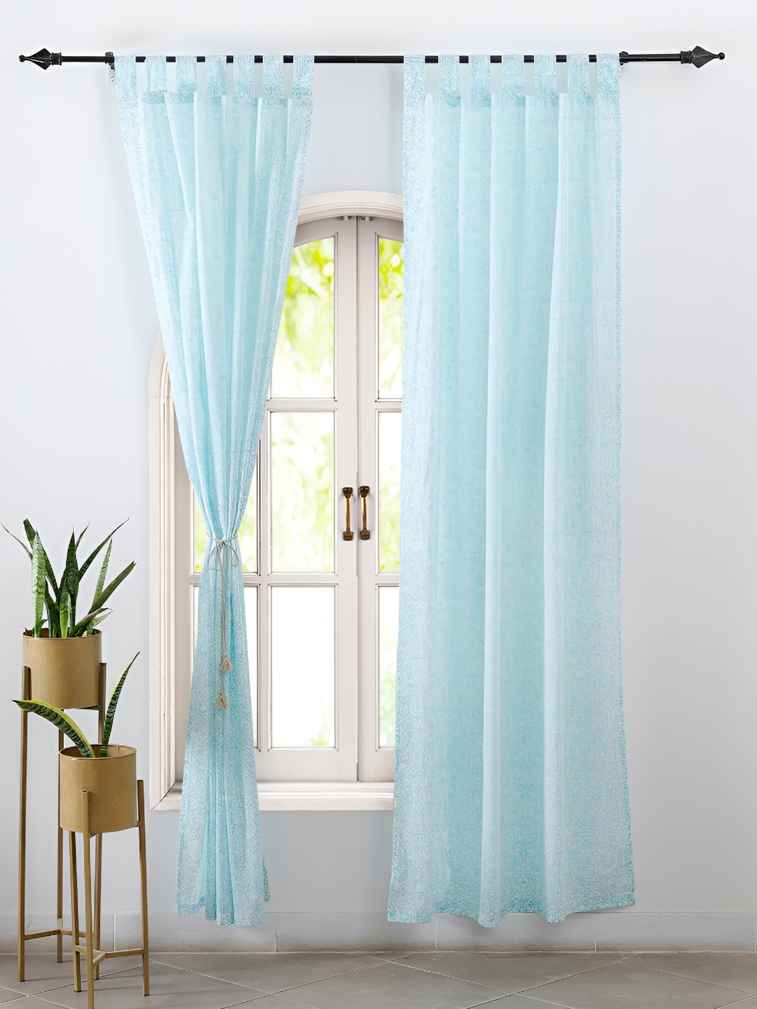 TARAN LIVING Blue & White 2 Pieces Printed Cotton Black Out Window Curtains