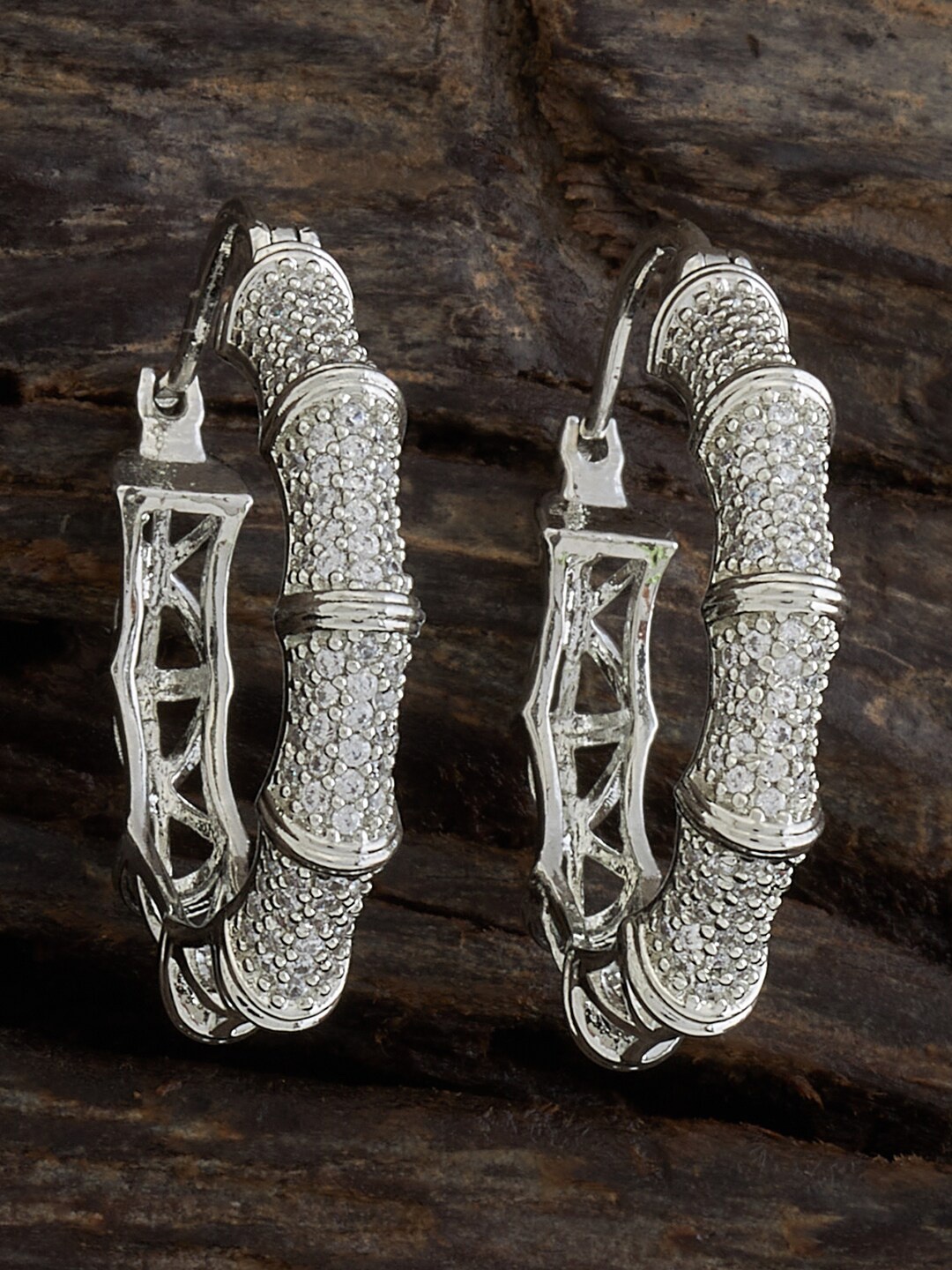 

Kushal's Fashion Jewellery Rhodium-Plated CZS Stone Studded Classic Hoop Earrings, Silver