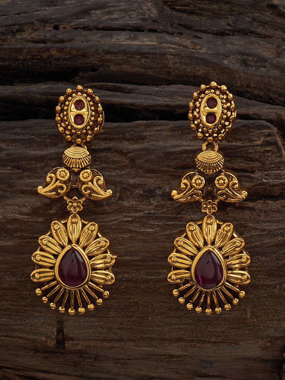 

Kushal's Fashion Jewellery Gold-Plated Stone Studded Antique Drop Earrings