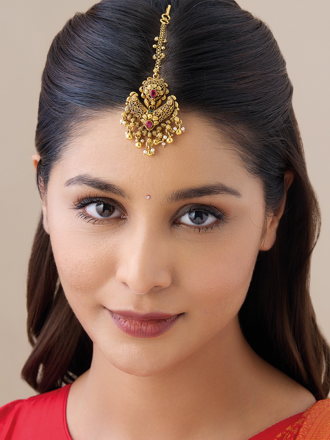 

Kushal's Fashion Jewellery Gold-Plated Artificial Stones Studded Silver Maang Tikka