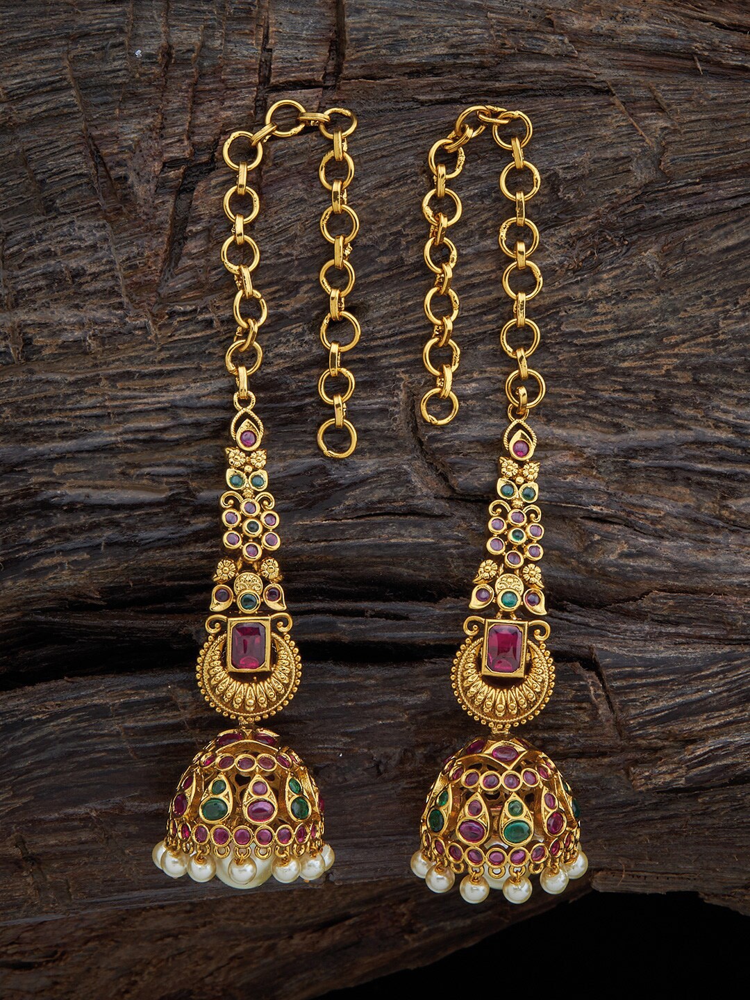 

Kushal's Fashion Jewellery Gold-Plated Stone Studded Dome Shaped Jhumkas
