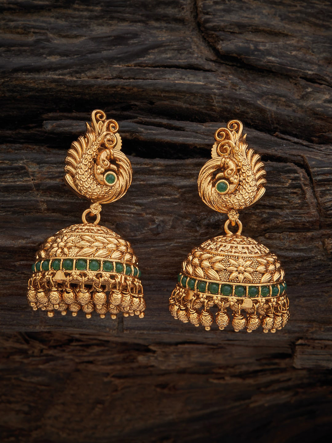 

Kushal's Fashion Jewellery Gold Plated Beaded Stone Studded Dome Shaped Antique Jhumkas