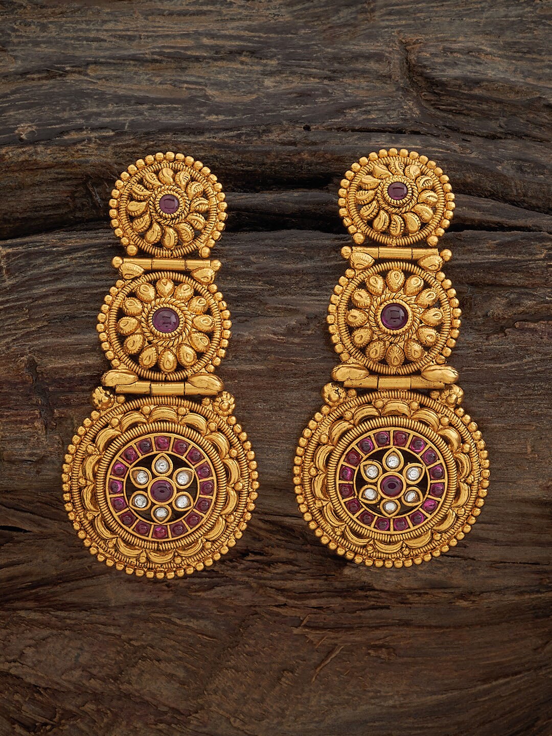 

Kushal's Fashion Jewellery Gold-Plated Stone Studded Circular Drop Earrings
