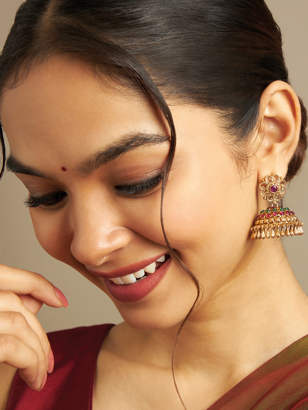 

Kushal's Fashion Jewellery Gold-Plated Dome Shaped Jhumkas, Red