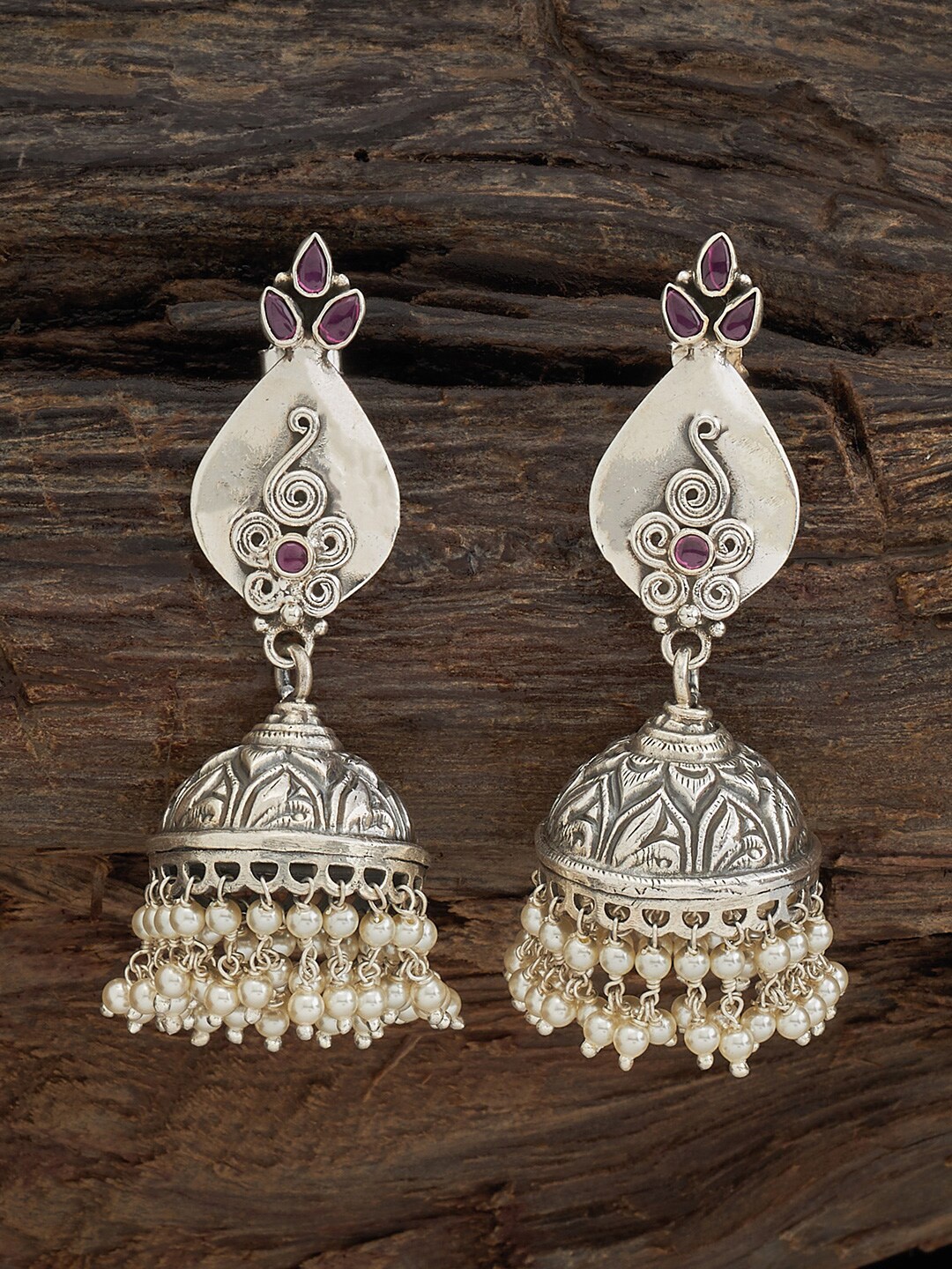 

Kushal's Fashion Jewellery Rhodium-Plated Silver Dome Shaped Jhumkas Earrings