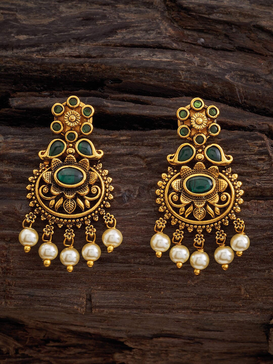 

Kushal's Fashion Jewellery Gold Plated Beaded Stone Studded Classic Antique Drop Earrings