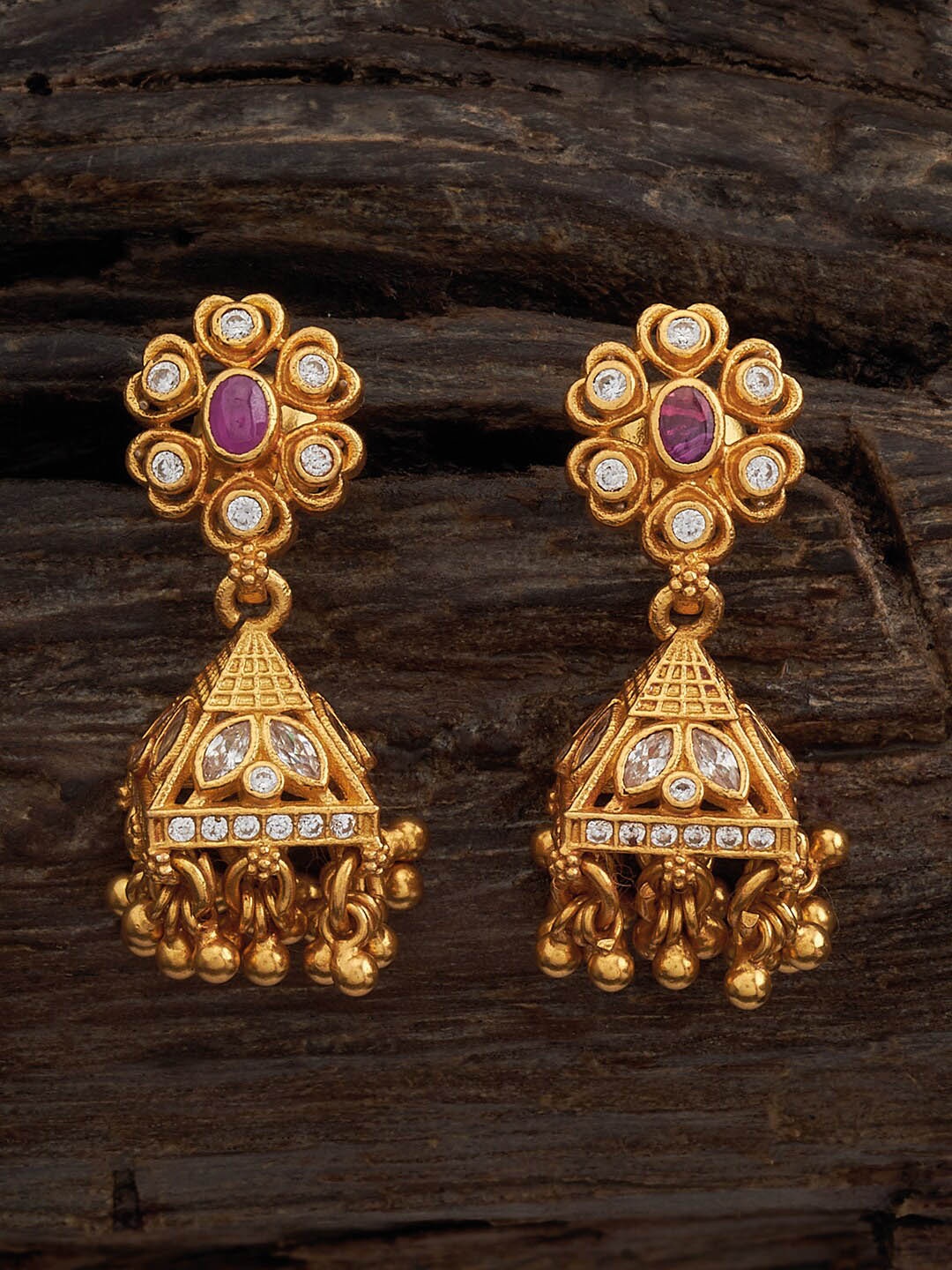 

Kushal's Fashion Jewellery 92.5 Pure Silver Gold Plated Jhumkas, Red