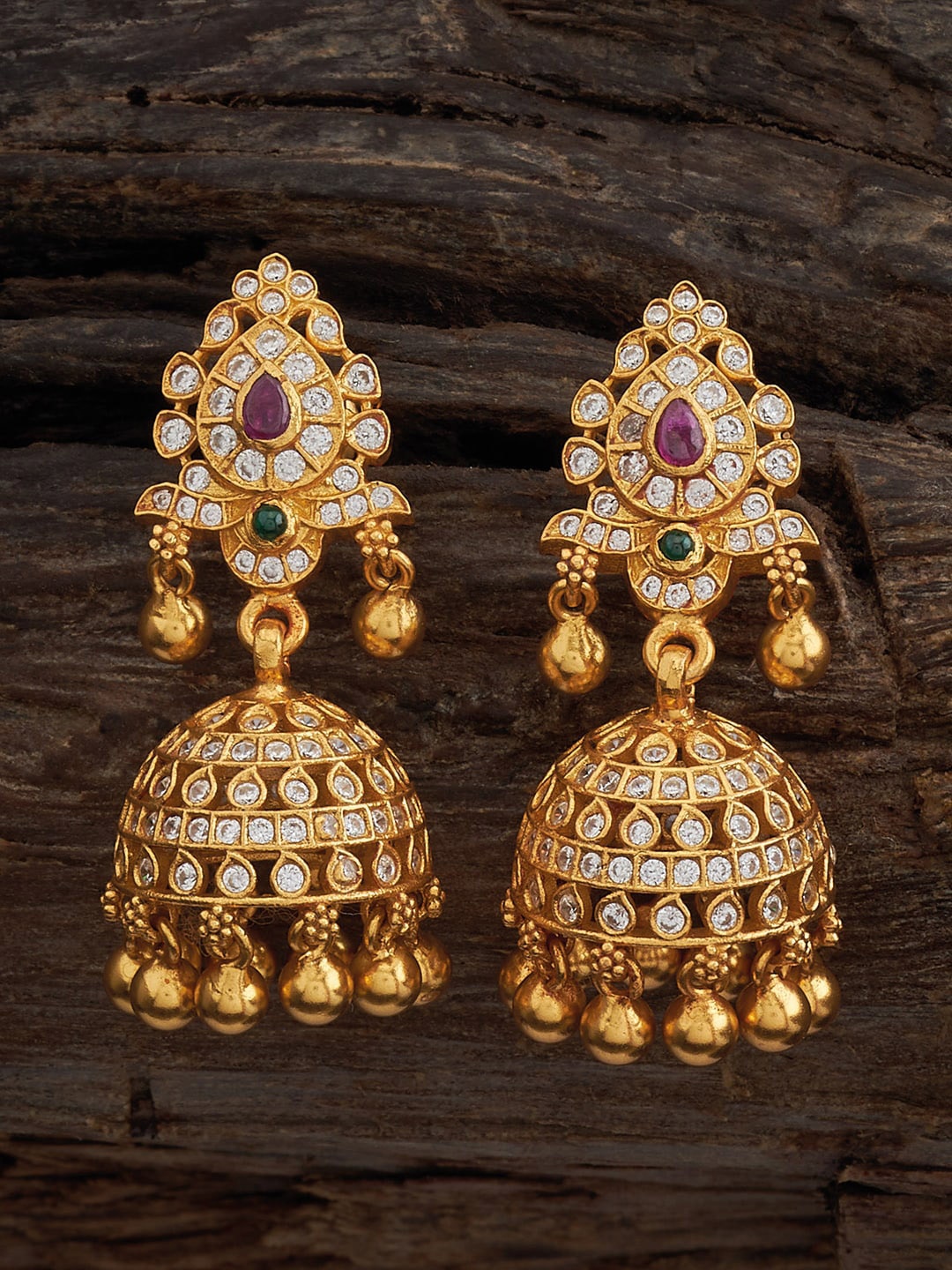 

Kushal's Fashion Jewellery 92.5 Pure Silver Artificial Stones Studded Jhumkas Earrings, Gold