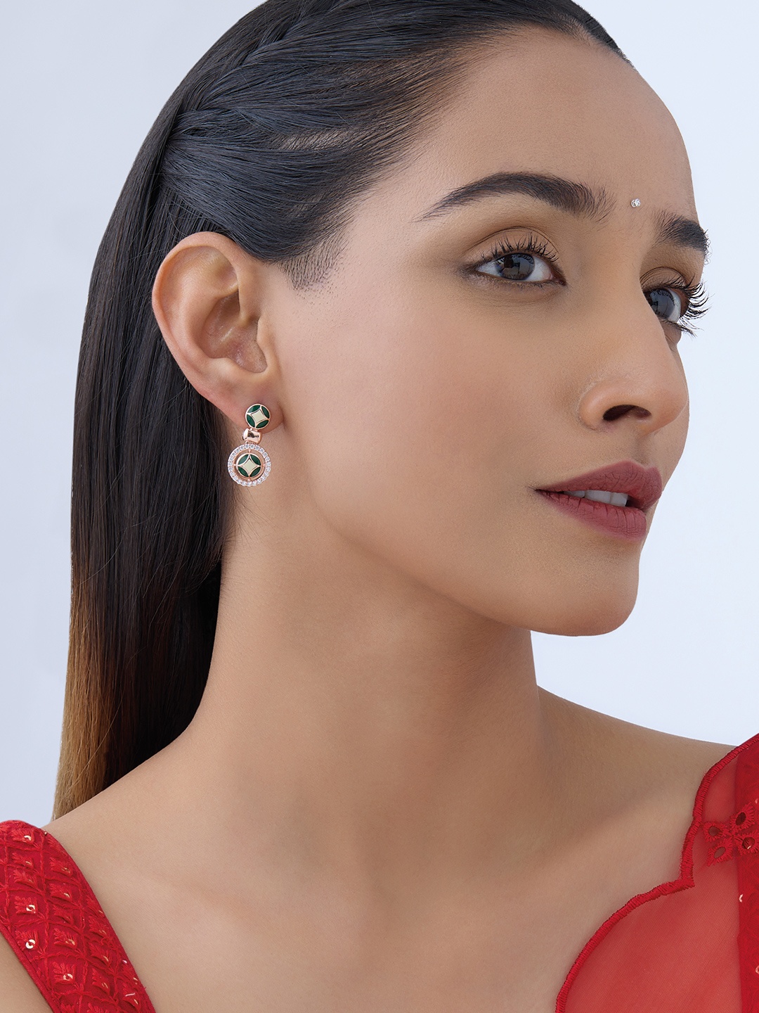 

Kushal's Fashion Jewellery Circular Rose Gold-Plated Cubic Zirconia Studded Drop Earrings, White
