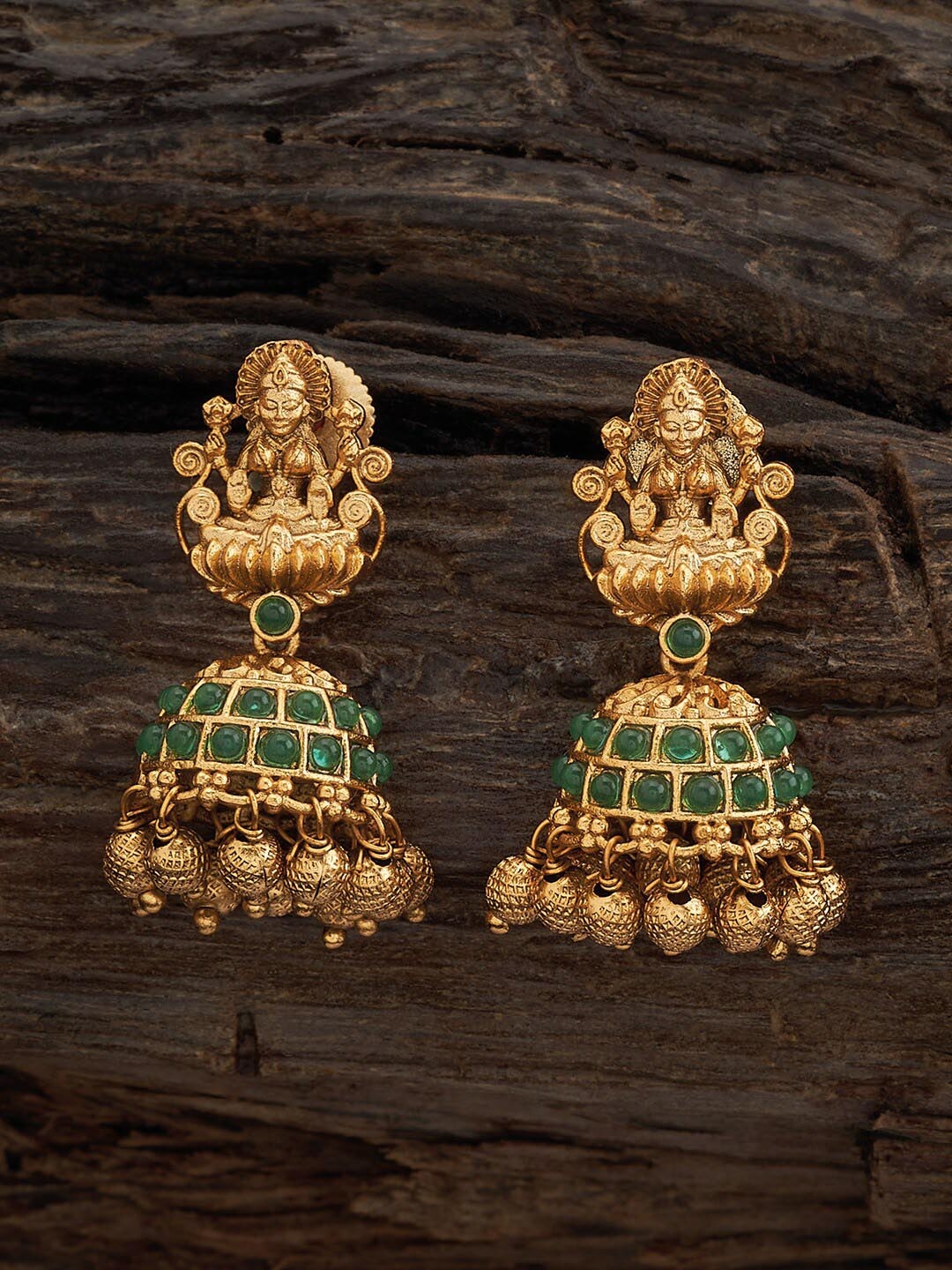 

Kushal's Fashion Jewellery Gold-Plated Stones Studded Dome Shaped Temple Jhumkas