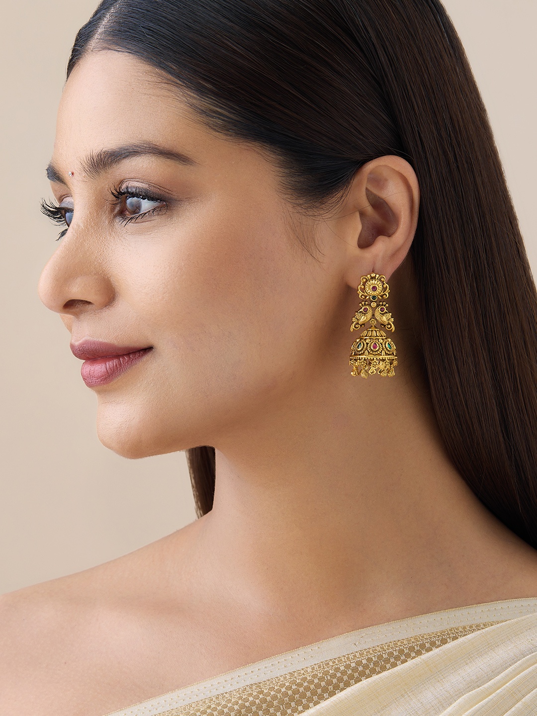 

Kushal's Fashion Jewellery Classic Gold-Plated Artificial Stones Studded Jhumkas Earrings