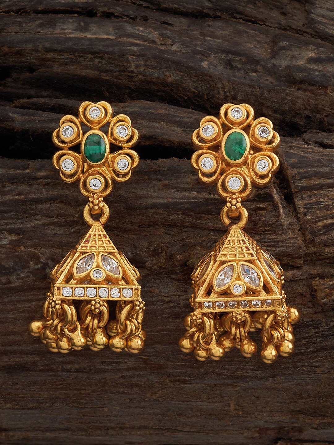 

Kushal's Fashion Jewellery 92.5 Pure Silver Gold-Plated Dome Shaped Jhumkas, Green