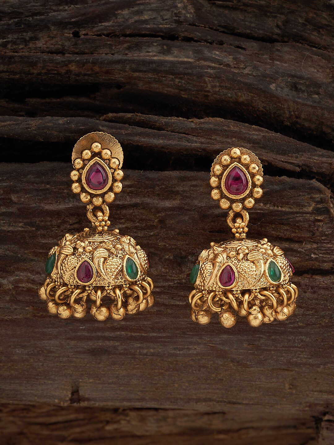 

Kushal's Fashion Jewellery Gold-Plated Stone Studded & Beaded Dome Shaped Jhumkas