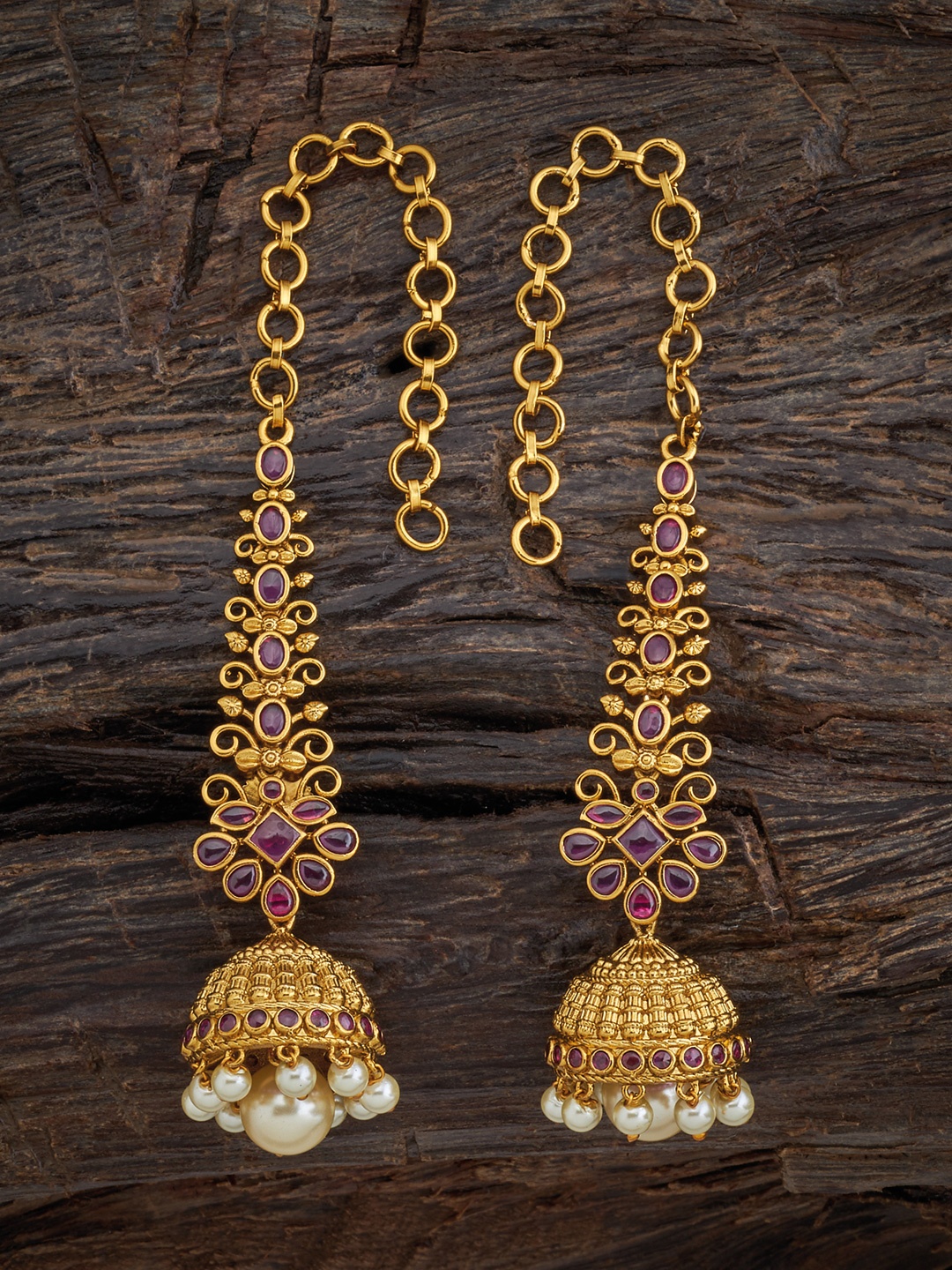 

Kushal's Fashion Jewellery Gold-Plated Antique Dome Shaped Jhumkas, Red
