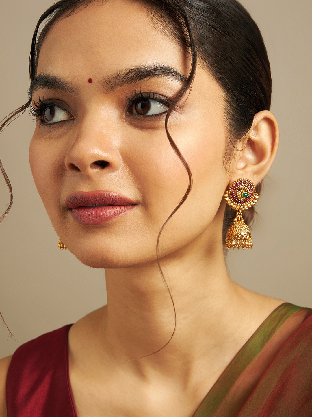 

Kushal's Fashion Jewellery Gold-Plated Dome-Shaped Stone-Studded Jhumkas