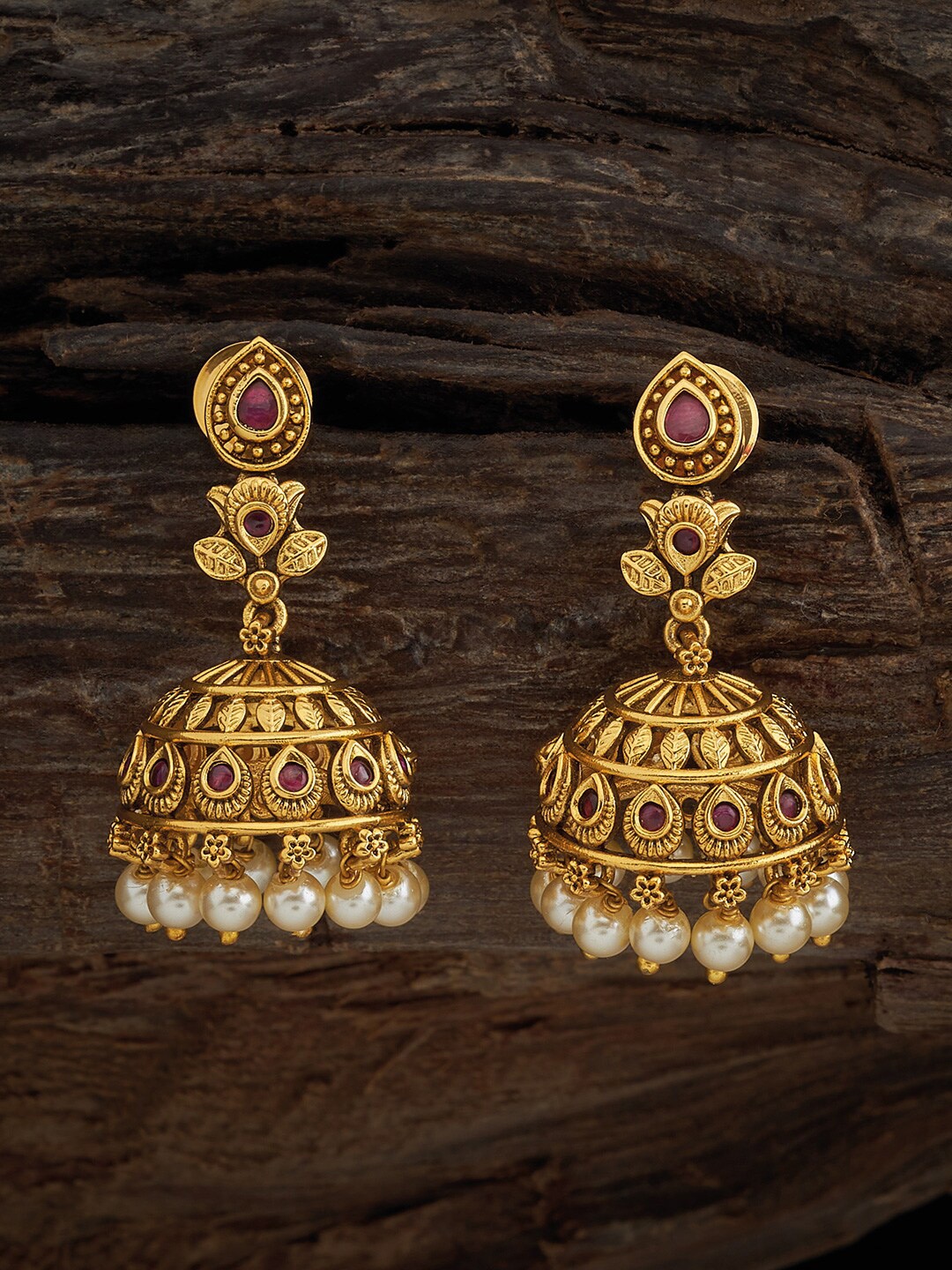 

Kushal's Fashion Jewellery Gold-Plated Stone Studded Dome Shaped Jhumkas