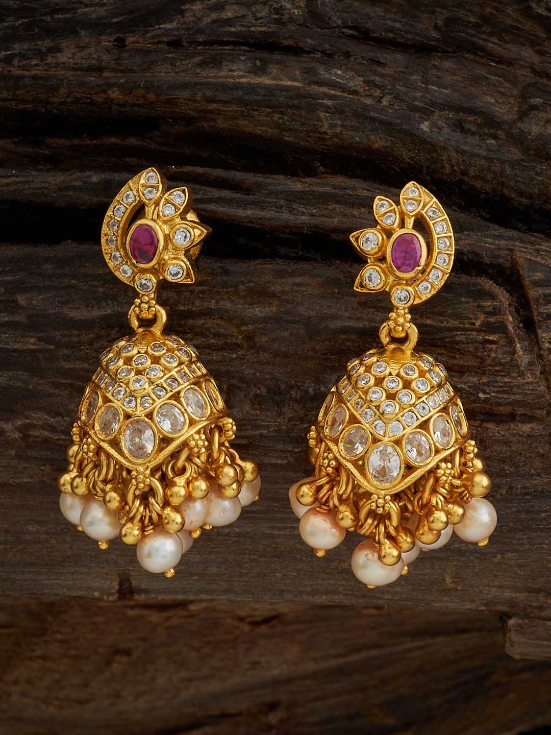 

Kushal's Fashion Jewellery Gold Plated 92.5 Pure Silver Dome Shaped Jhumkas, Red