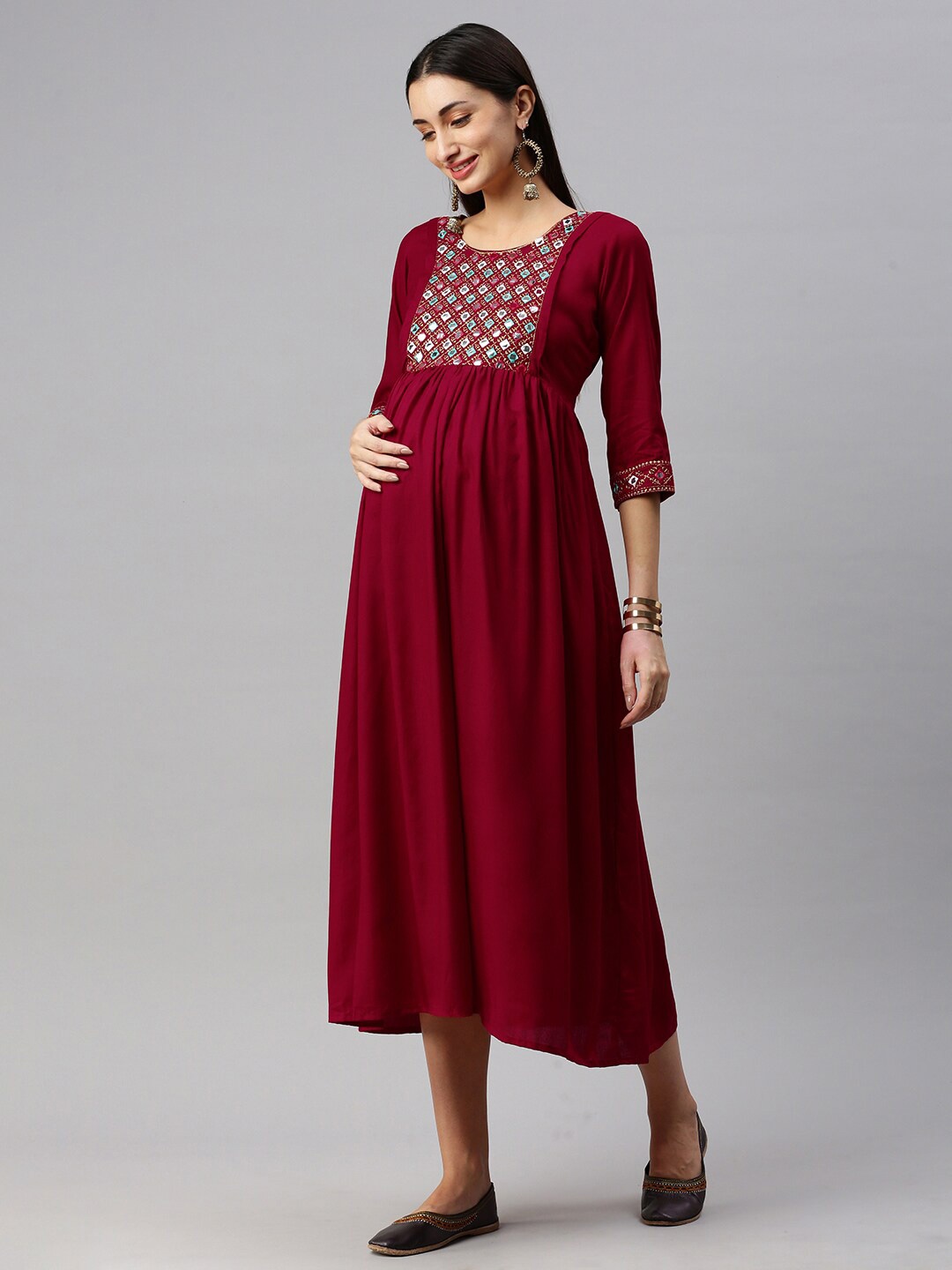 

Swishchick Embroidered Flared A-Line Midi Maternity Dress, Red