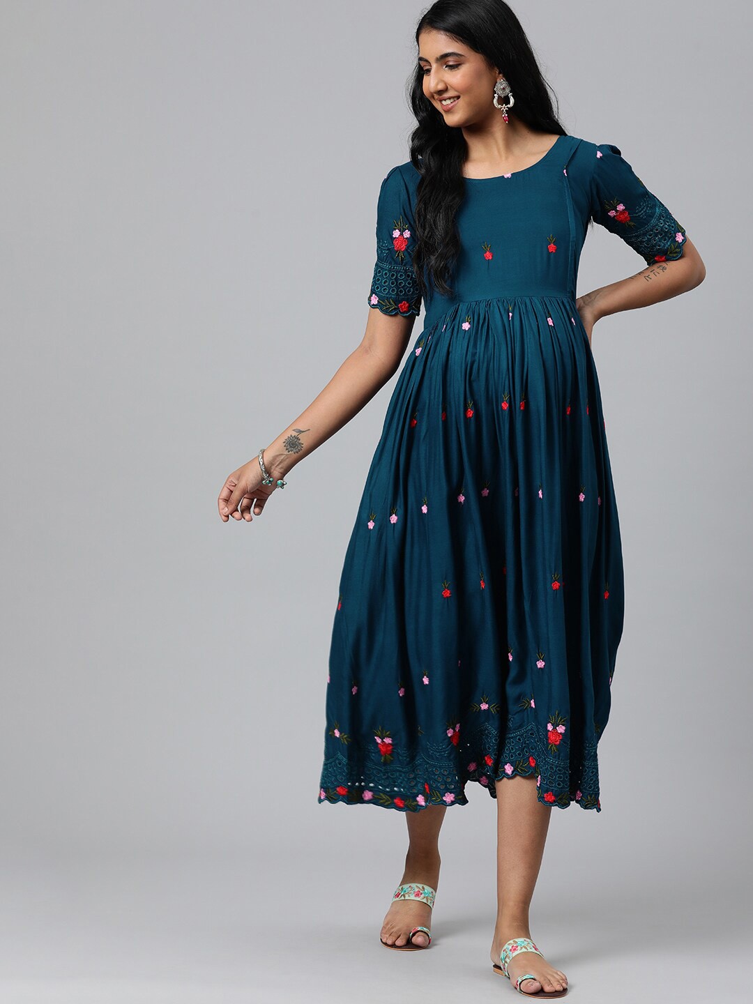 

Swishchick Floral Embroidered Gathered Midi A-Line Dress, Teal