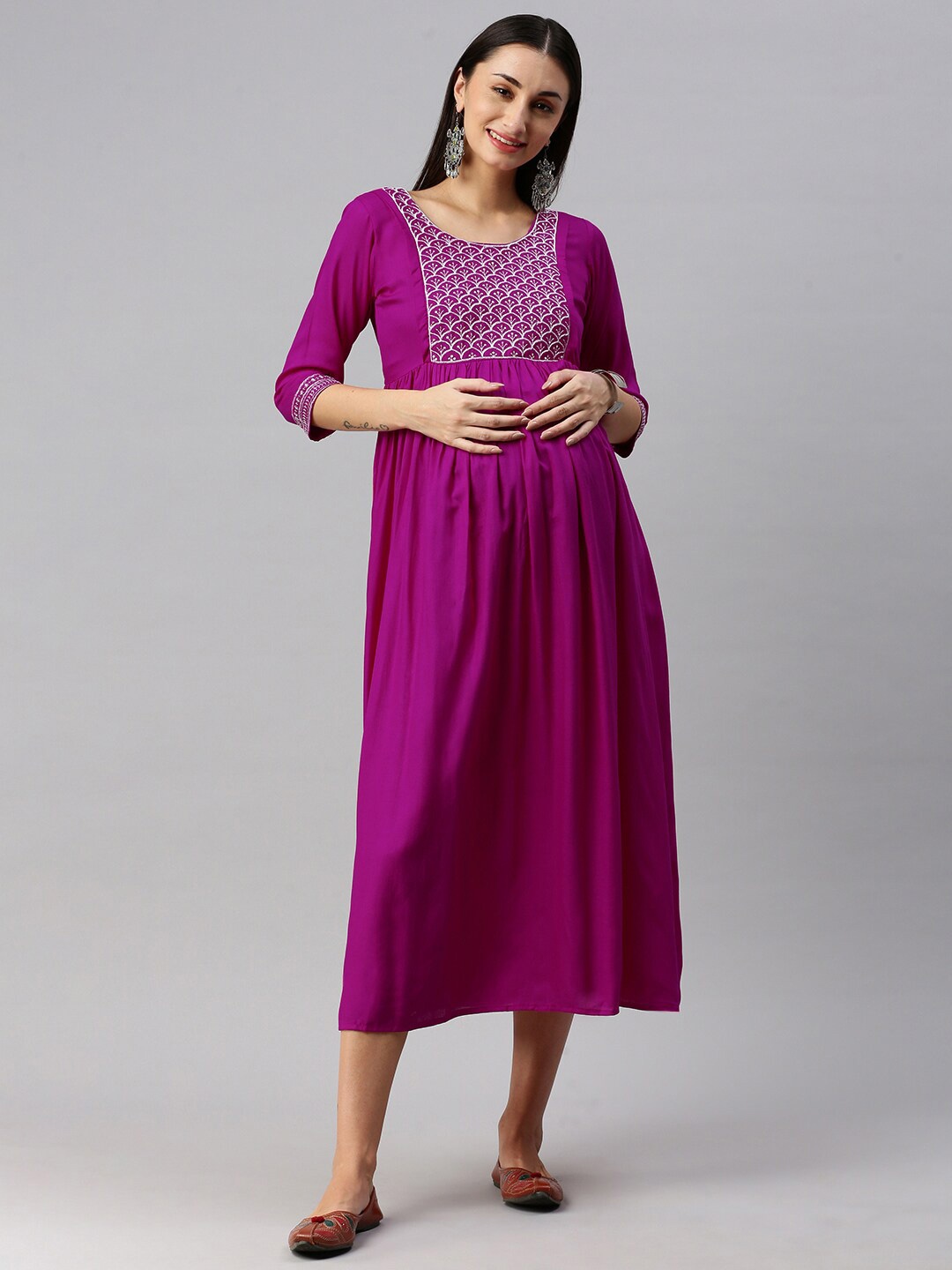 

Swishchick Ethnic Motifs Embroidered Gathered Maternity A-Line Dress, Magenta