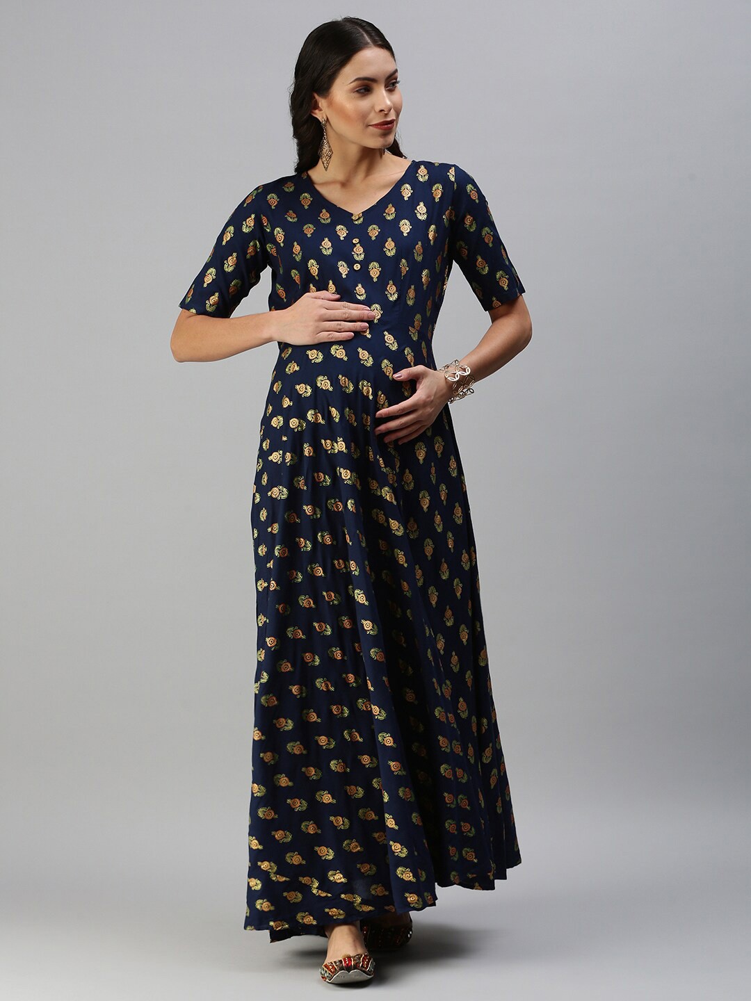 

Swishchick Ethnic Motifs Printed Maternity Maxi Dress, Navy blue