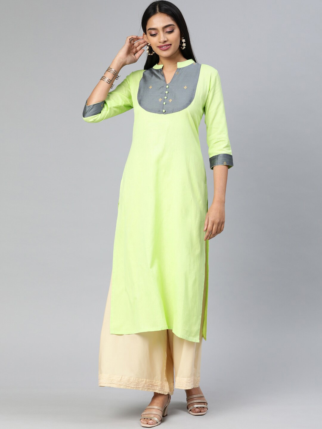 

Swishchick Printed Mandarin Collar Three-Quarter Sleeves Cotton Kurta, Green