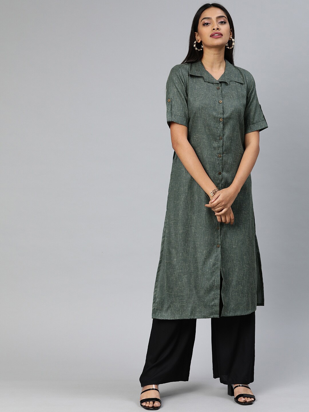 

Swishchick Shirt Collar Short Sleeves Cotton Pathani Kurta, Grey