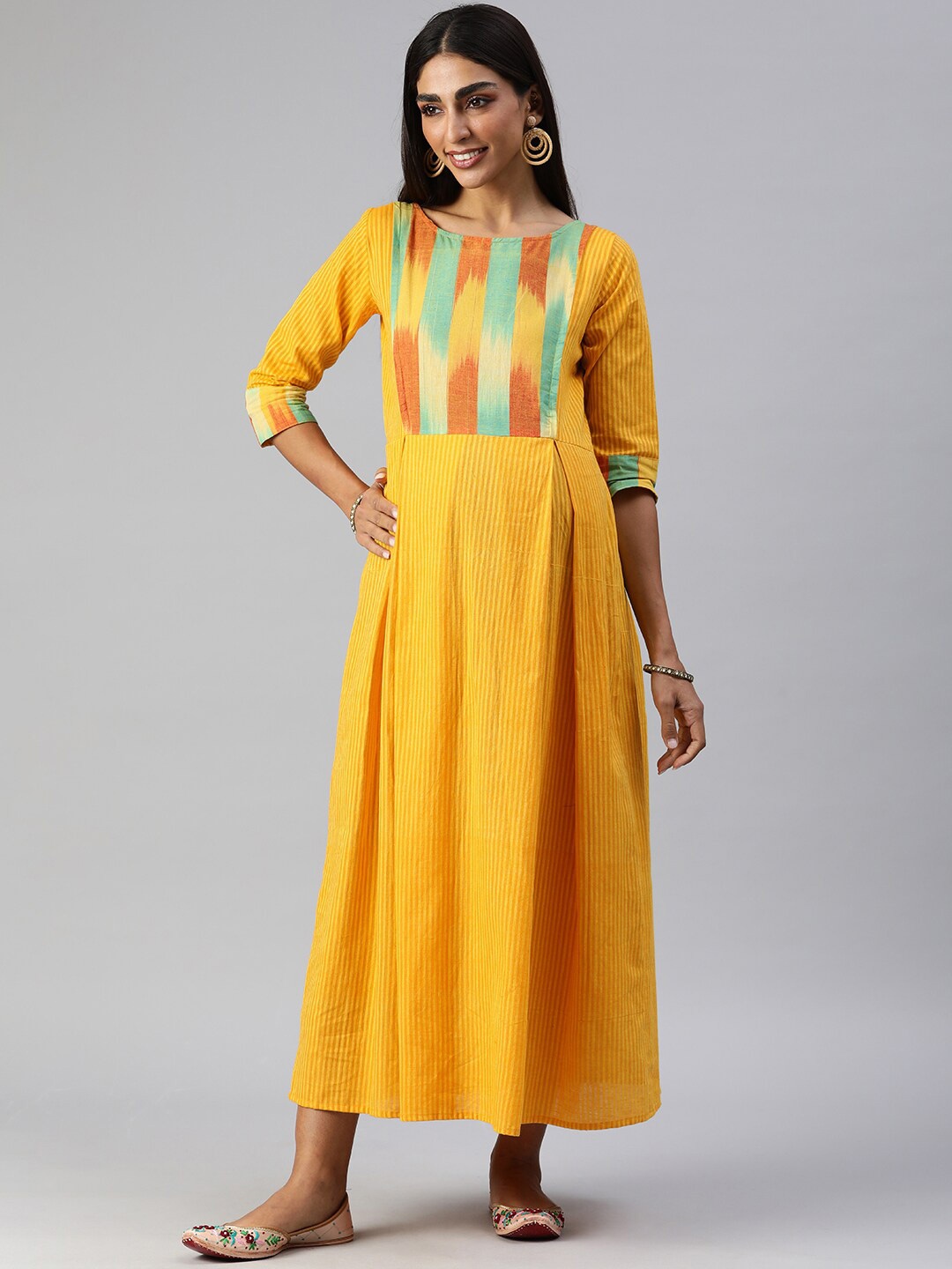 

Swishchick Striped Cotton Flared Three-Quarter Sleeves Maxi Maternity Dress, Yellow
