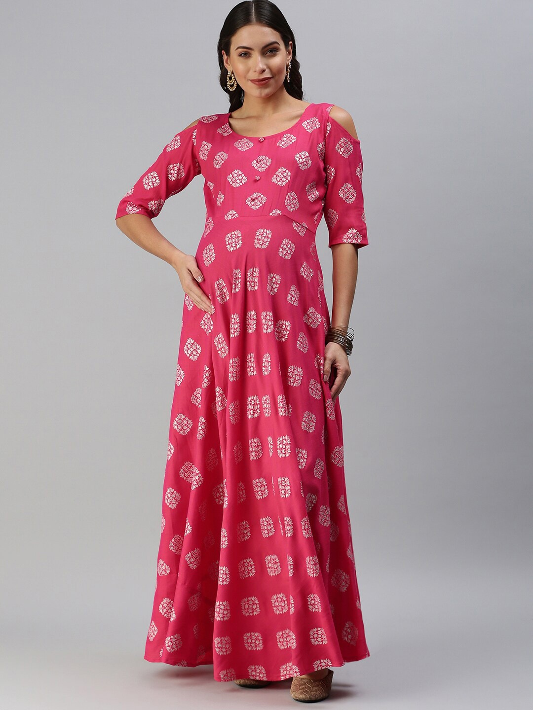 

Swishchick Ethnic Motifs Printed Three-Quarter Sleeves Maternity Maxi Dress, Pink