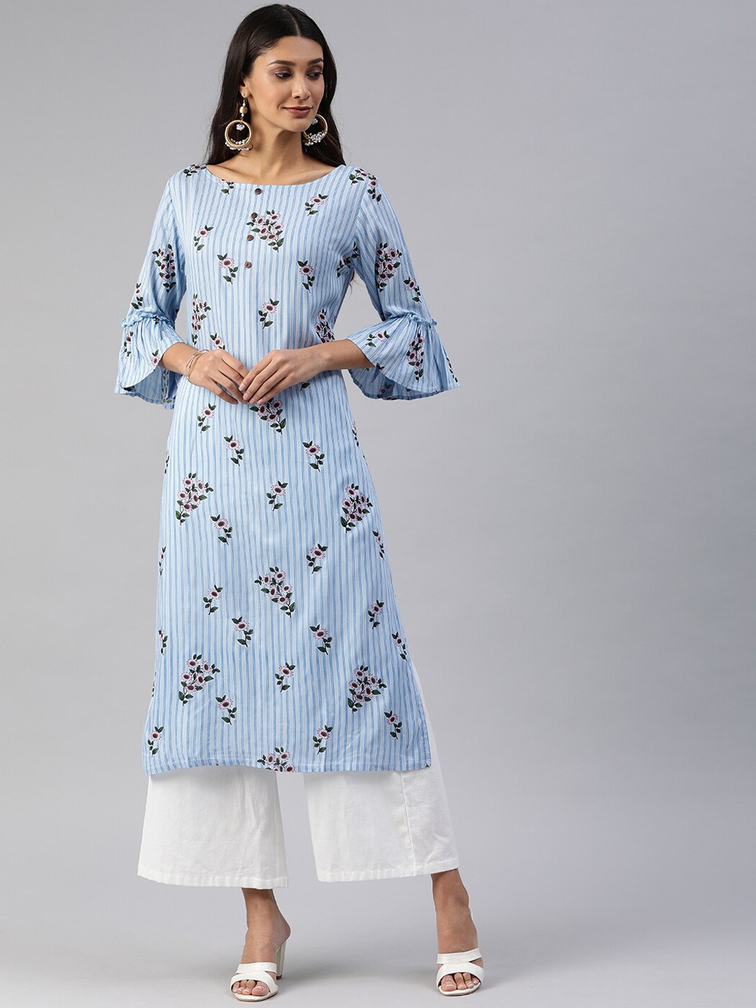 

Swishchick Floral Printed Boat Neck Three-Quarter Sleeves Flared Sleeves Kurta, Blue