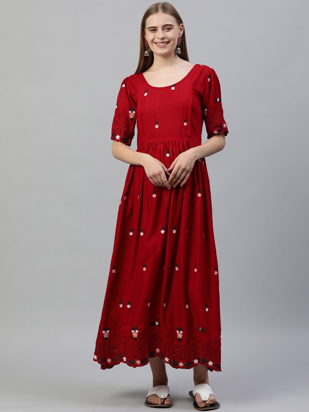 

Swishchick Floral Embroidered Gathered Maternity Maxi Dress, Red