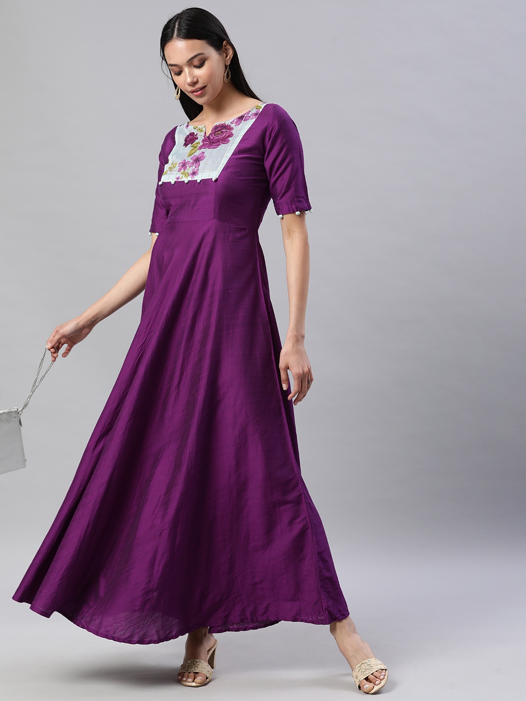 

Swishchick Floral Printed Yoke Design Fit & Flare Maxi Dress, Violet