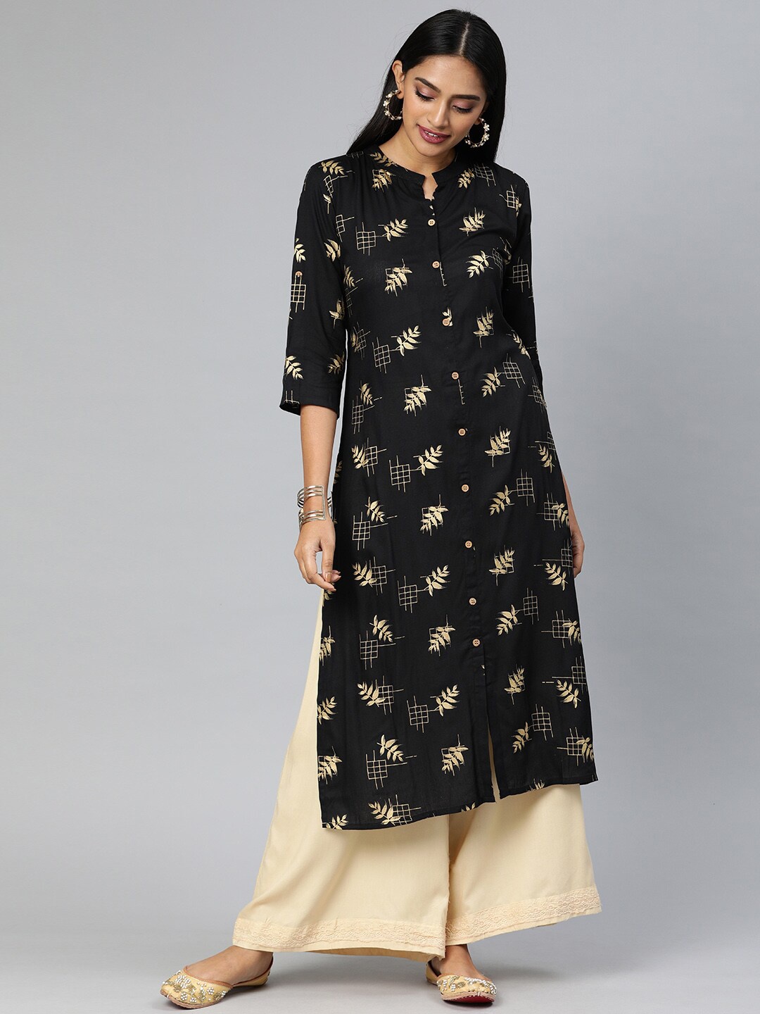 

Swishchick Floral Printed Band Collar A-Line Kurta, Black